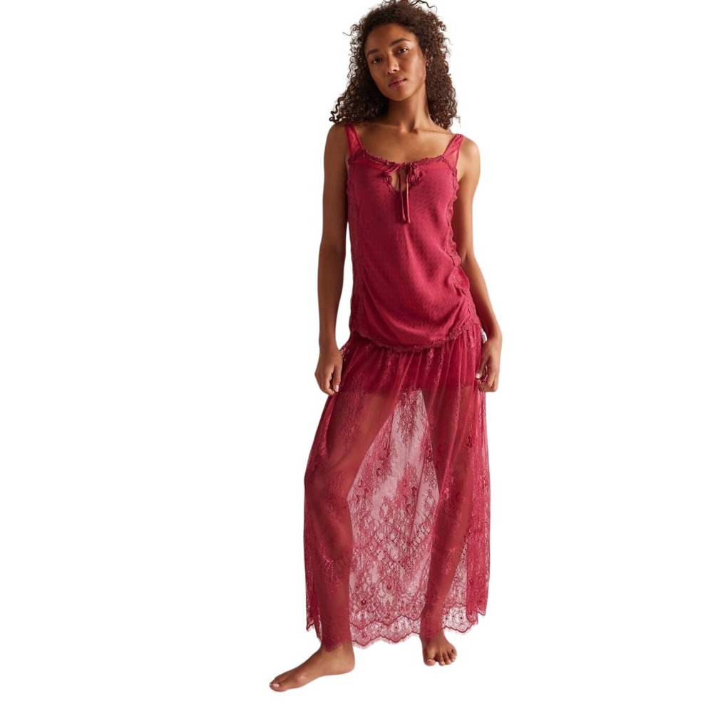 Free People Together Again Slip Skirt Set Red Lace 2pc Maxi Size M NWT